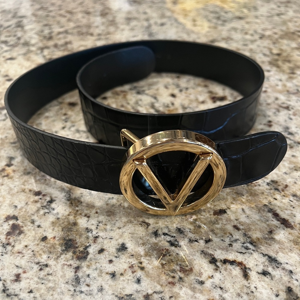 Valentino Gold and Black Croc-Embossed Belt